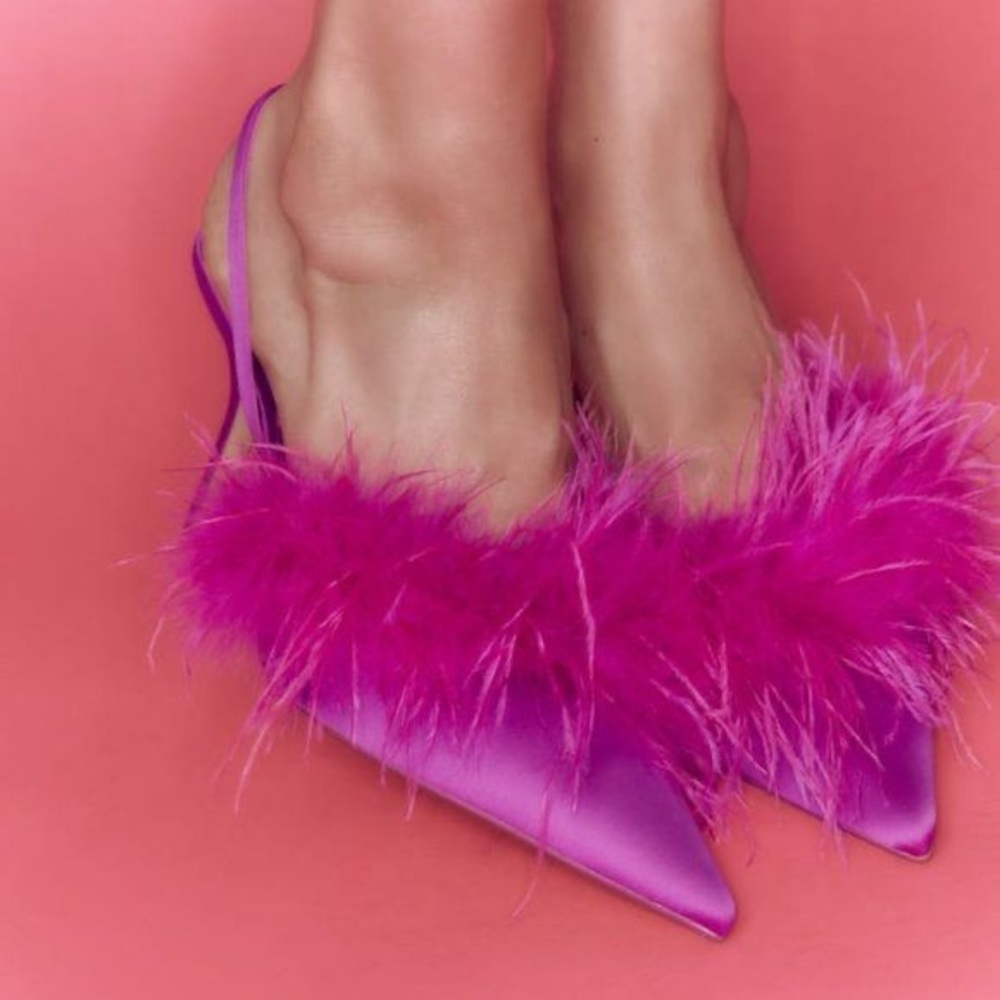 Zara Satin Slingback Pumps‎ Pointed Toe Feather Heels - Picture 12 of 17